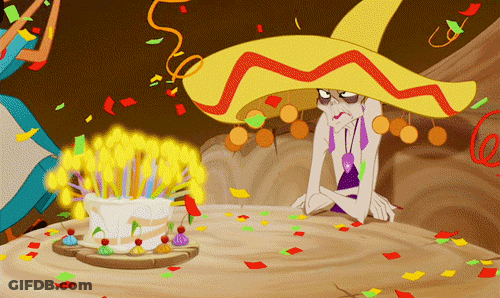 A Cartoon Character Wearing A Sombrero Is Sitting At A Table With A Birthday Cake GIF