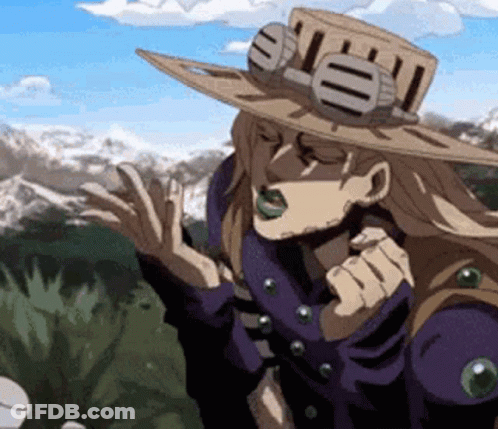 A Cartoon Character Wearing A Straw Hat And Goggles Is Standing In Front Of Mountains . GIF