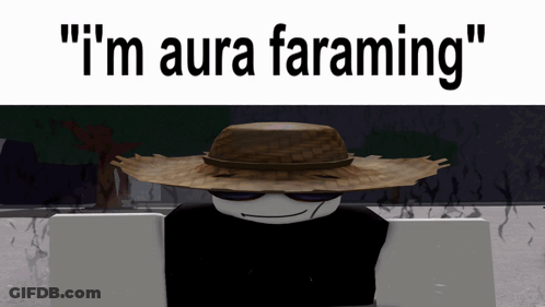 A Cartoon Character Wearing A Straw Hat With The Words " I 'M Aura Faraming " Below It GIF