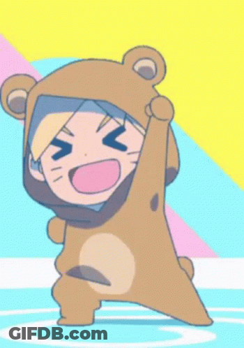 A Cartoon Character Wearing A Teddy Bear Costume Is Standing On A Colorful Background . GIF