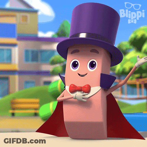 A Cartoon Character Wearing A Top Hat And Cape With The Word Blippi Behind Him GIF
