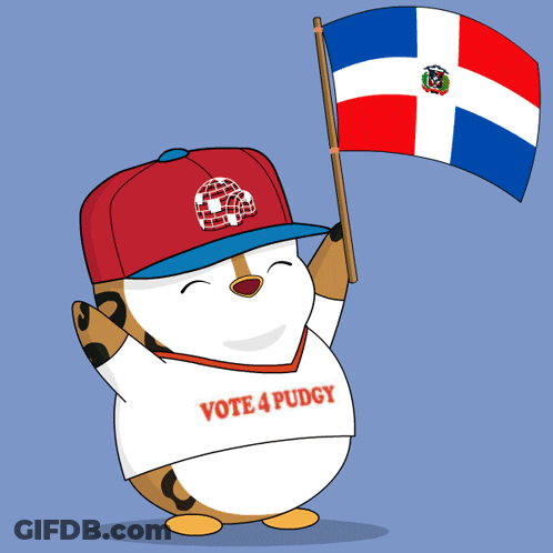 A Cartoon Character Wearing A Vote 4 Pudgy Shirt Is Holding A Dominican Flag GIF