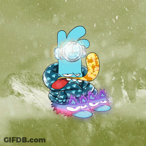 A Cartoon Character Wearing A Watch And A Scarf Is Flying Through The Air GIF