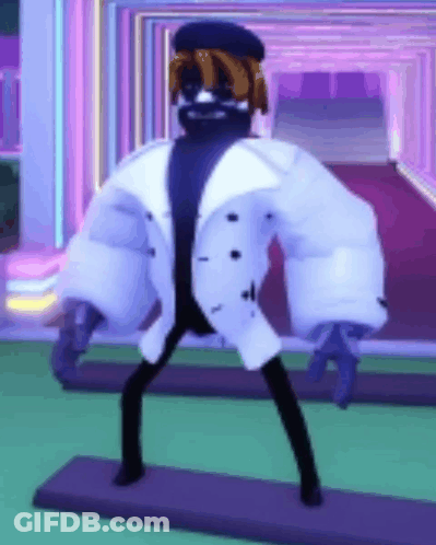A Cartoon Character Wearing A White Coat And A Black Turtleneck Is Standing In A Room . GIF