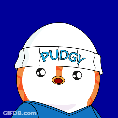 A Cartoon Character Wearing A White Hat That Says Pudgy GIF
