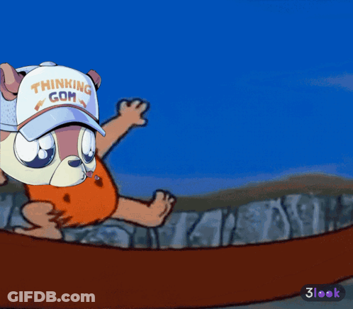 A Cartoon Character Wearing A White Hat That Says Thinking Gom GIF