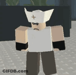 A Cartoon Character Wearing A White Hat With A Cross On It Is Standing On The Ground . GIF