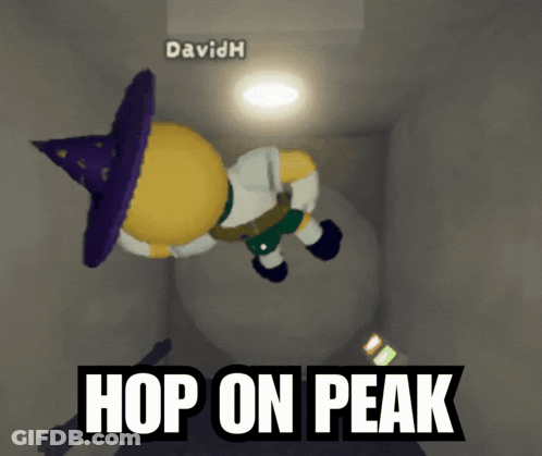 A Cartoon Character Wearing A Witch Hat Is Flying Through The Air With The Words Hop On Peak Above Him GIF