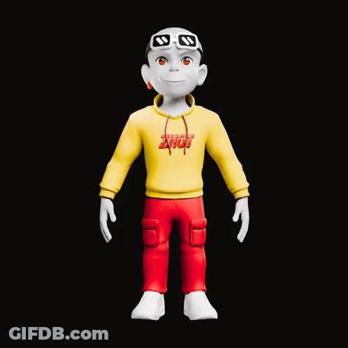 A Cartoon Character Wearing A Yellow Evox Sweatshirt And Red Pants GIF