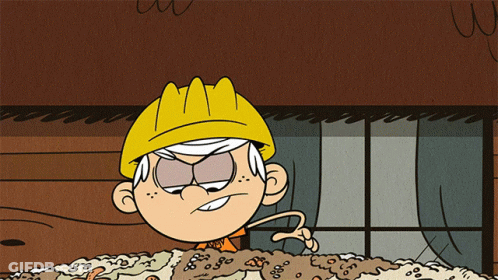 A Cartoon Character Wearing A Yellow Hard Hat Stands In A Pile Of Dirt GIF
