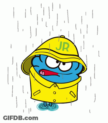 A Cartoon Character Wearing A Yellow Raincoat With Jr On It GIF