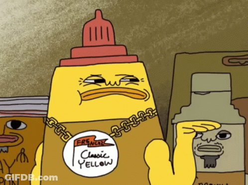 A Cartoon Character Wearing A Yellow Shirt That Says " Classic Yellow " GIF