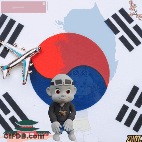 A Cartoon Character Wearing A Zhot Hoodie Sits In Front Of A South Korean Flag GIF