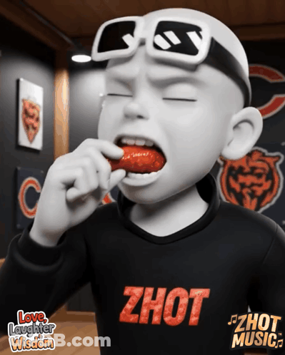 A Cartoon Character Wearing A Zhot Shirt Is Eating A Hot Dog GIF