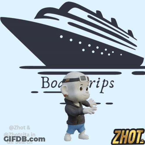 A Cartoon Character Wearing A Zhot Shirt Is Standing In Front Of A Boat GIF