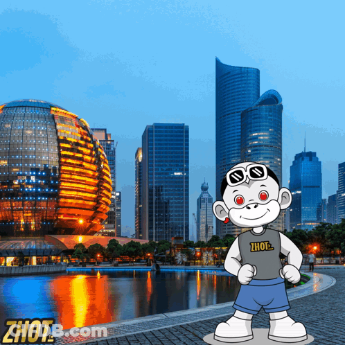A Cartoon Character Wearing A Zhot Shirt Stands In Front Of A City At Night GIF