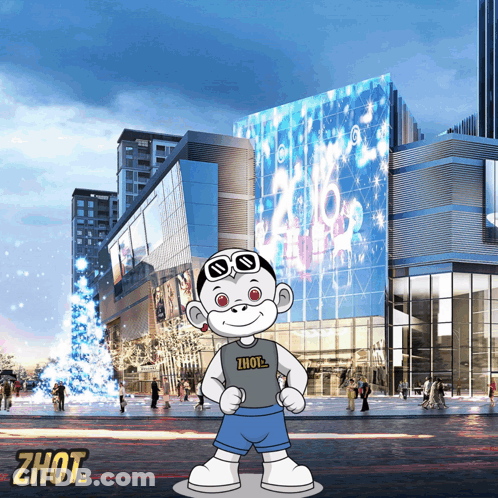 A Cartoon Character Wearing A Zhot Shirt Stands In Front Of A Large Glass Building GIF