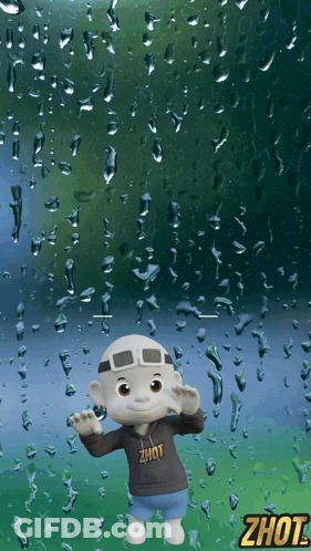 A Cartoon Character Wearing A Zhot Shirt Stands In Front Of A Window With Water Drops On It GIF
