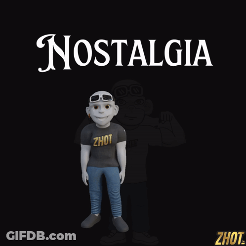 A Cartoon Character Wearing A Zhot Shirt Stands In Front Of The Word Nostalgia GIF