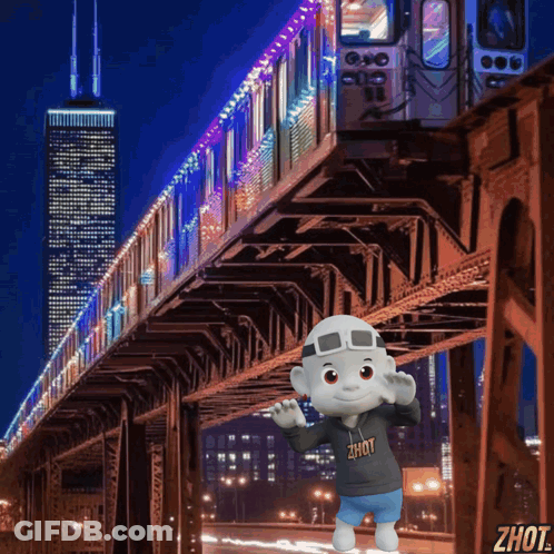 A Cartoon Character Wearing A Zhout Shirt Stands In Front Of A Bridge GIF