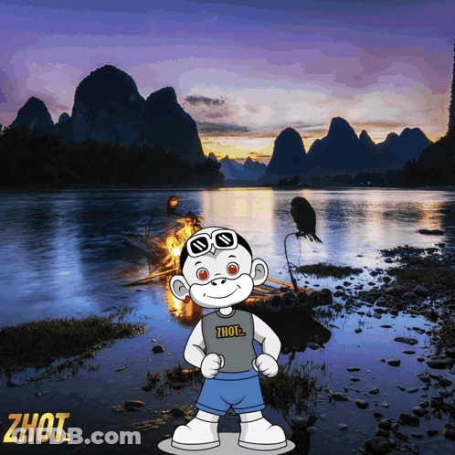 A Cartoon Character Wearing A Zhout Shirt Stands In Front Of A Lake GIF
