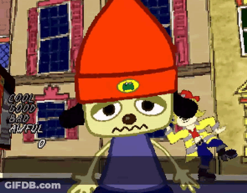 A Cartoon Character Wearing An Orange Hat Stands In Front Of A Building That Says Cool Good Bad Awful GIF
