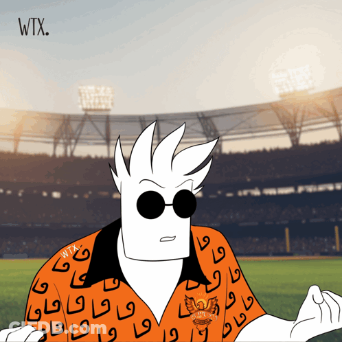 A Cartoon Character Wearing An Orange Shirt With Wtx Written On The Bottom GIF
