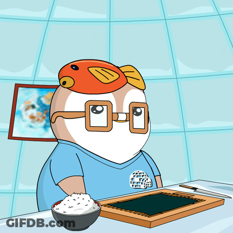 A Cartoon Character Wearing Glasses And A Fish Hat Is Sitting At A Table With A Bowl Of Rice GIF