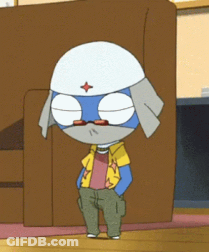 A Cartoon Character Wearing Glasses And A Helmet Stands In Front Of A Brown Couch GIF
