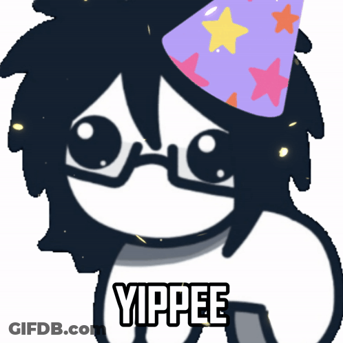 A Cartoon Character Wearing Glasses And A Party Hat With The Word Yippee Below It GIF