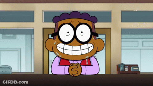A Cartoon Character Wearing Glasses And A Red Vest Is Smiling GIF