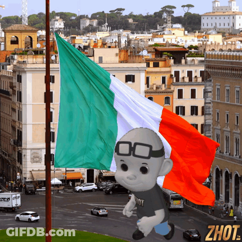 A Cartoon Character Wearing Glasses And A Shirt That Says ' Zhot ' On It Stands In Front Of An Italian Flag GIF