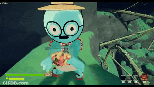 A Cartoon Character Wearing Glasses And A Straw Hat Holds A Hamburger GIF