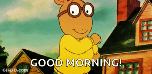 A Cartoon Character Wearing Glasses And A Yellow Shirt Says Good Morning . GIF