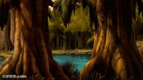 A Cartoon Character Wearing Glasses And A Yellow Sweater Is Standing In The Woods Near A Body Of Water GIF