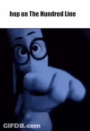 A Cartoon Character Wearing Glasses Is Pointing At The Camera With The Words Hop On The Hundred Line Below Him . GIF
