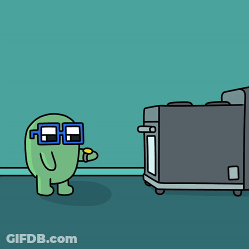 A Cartoon Character Wearing Glasses Is Standing Next To A Toaster GIF
