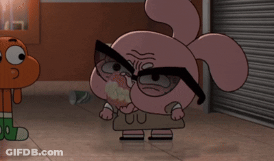 A Cartoon Character Wearing Glasses Is Standing Next To An Orange Character GIF