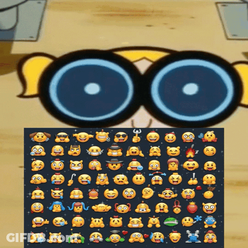 A Cartoon Character Wearing Glasses With A Bunch Of Smiley Faces On It GIF