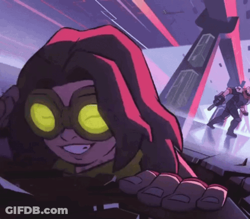 A Cartoon Character Wearing Goggles And A Red And Black Cape GIF