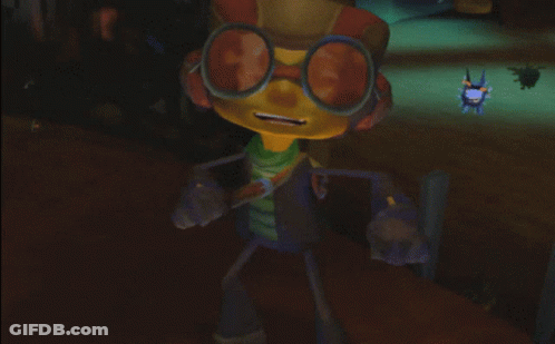 A Cartoon Character Wearing Goggles And Headphones Is Standing In A Dark Room GIF
