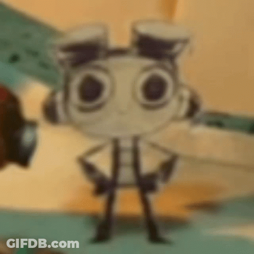 A Cartoon Character Wearing Headphones And Goggles Is Standing In Front Of A Wall . GIF