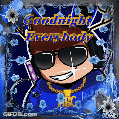 A Cartoon Character Wearing Headphones And Sunglasses Says Goodnight Everybody On A Blue Background GIF