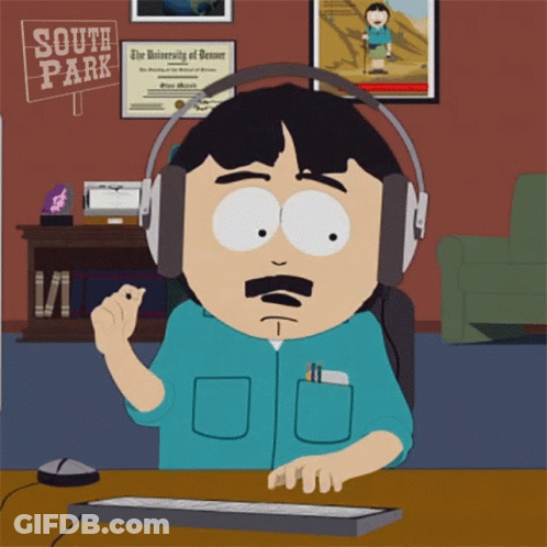 A Cartoon Character Wearing Headphones Sitting At A Desk With A South Park Sign Behind Him GIF