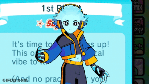 A Cartoon Character Wearing Headphones Stands In Front Of A Banner That Says " 1St Place " GIF