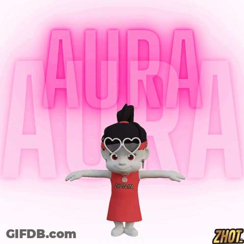 A Cartoon Character Wearing Heart Shaped Sunglasses Is Standing In Front Of A Pink Background That Says Aura GIF