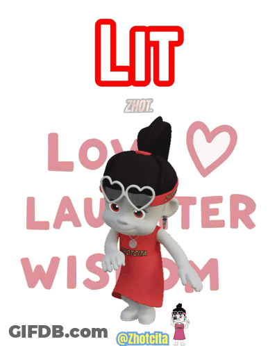 A Cartoon Character Wearing Heart Shaped Sunglasses Is Standing In Front Of A Sign That Says Love Laughter And Wisdom GIF