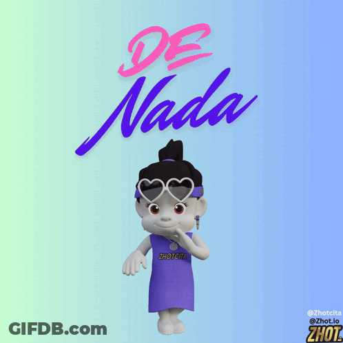 A Cartoon Character Wearing Heart Shaped Sunglasses Stands In Front Of A Sign That Says " De Nada " GIF