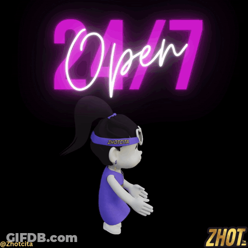 Cartoon Character In Heart Sunglasses Standing In Front Of Open Sign GIF