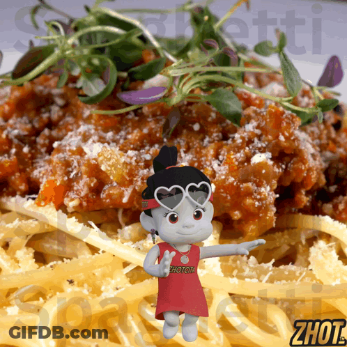 A Cartoon Character Wearing Heart Shaped Sunglasses Stands In Front Of Spaghetti GIF